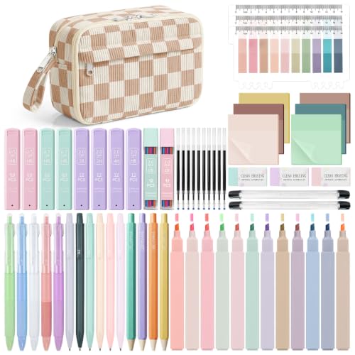 WOBAGMEN 62PCS Aesthetic School Supplies with Corduroy Pencil Case, Pastel Highlighters Gel Pens Mechanical Pencils, Cute College Essentials Set, Cute College Daily Essentials Set（Checked） - color: Checked