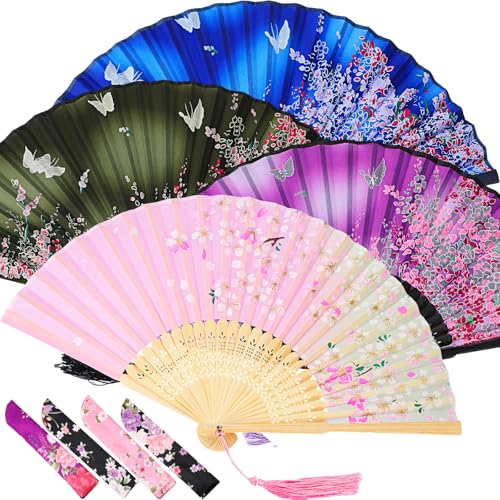 Zonon 4 Pack Hand Held Folding Fans for Women Silk,Lively - style: Lively