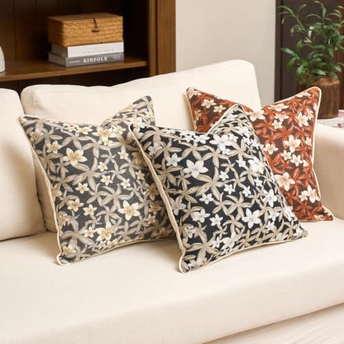 Aeckself Neutral Floral Pillow Cover 18 x 18 Inch, Vintage Chenille Square Throw Pillow Cover Soft Home Decorative Farmhouse Accent Couch Pillow Cover for Living Room Bedroom, Grey - color: Grey, size: 18" x 18" (Pack of 1)