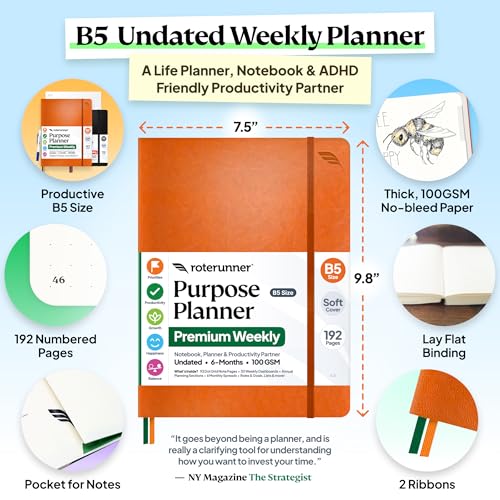 Roterunner Purpose Planner Notebook B5 5.8”x8.3” Undated 2026 Daily Weekly and Monthly Productivity Goal Setting Tool for Work Home ADHD Planner for Adults Self Care Journal (Orange Softcover) - color: Orange, style: B5 Softcover