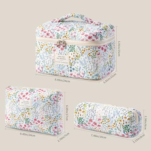 HBselect Quilted Makeup Bag, 3Pcs Cotton Large Travel Makeup Bags Organizer - color: A-3PCS-Floral 41