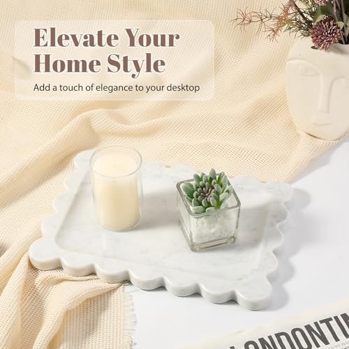 Koville Scalloped Marble Tray, 11"x8" Marble Vanity Tray for Countertop Bathroom Kitchen Dresser, Natural Stone Tray for Jewelry Perfume Home Decor, Decorative Catchall Trays(Bianco Carrara) - color: Bianco Carrara, size: 11" x 7.9" x 0.7"