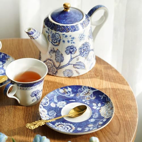 Bone China Tea Set for Adults, 13-Piece Blue and White Porcelain Tea Set for 4, Vintage Floral Tea Set With Teapot and Teaspoons, Tea Party Sets for Women Gift (Blue B) - color: Blue B