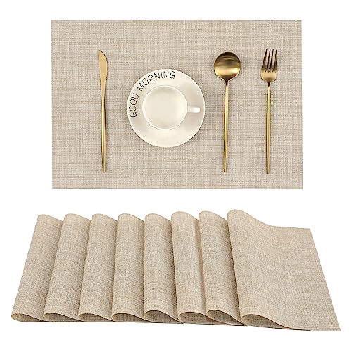Leetaltree Woven Vinyl Beige Placemats Set of 8 - Linen Look & Easy to Clean - color: Beige, size: Set of 8