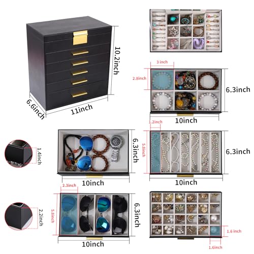 BOOVO Jewelry Boxes for Women, White and Black 6 Layer Large Jewelry Box for Necklace, Bracelet, Earrings, Rings Storage, Jewelry holder Organizer for Girls Gift (Black and Gold, 6 layer) - color: Black and Gold, size: 6 layer