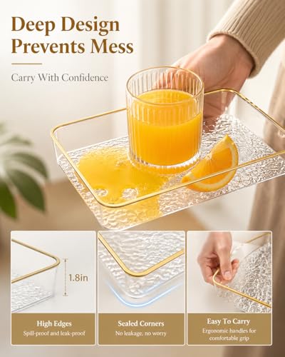 Clear Acrylic Tray, 6 Pack Acrylic Serving Trays Deep Serving Platter Decorative Tray with Gold Rim, Reusable Plastic Tray for Living Room Entryway Bedroom Kitchen Coffee Table Coutertop (Medium)