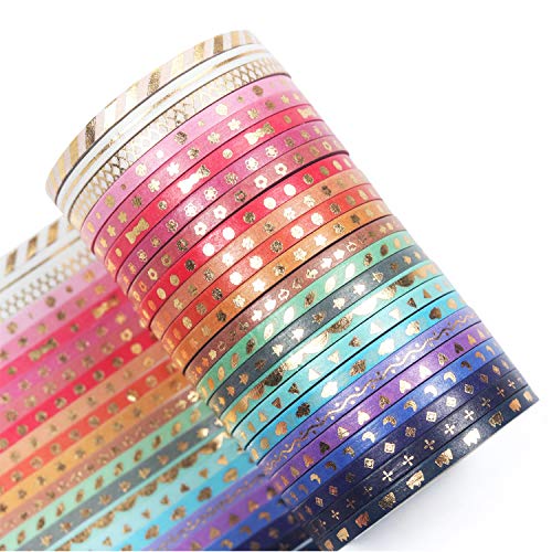 YUBBAEX 24 Rolls Skinny Washi Tape Set Gold Foil Print Decorative Tapes for Arts, DIY Crafts, Journals, Planners, Scrapbooking, Wrapping (Slim 3mm) - style: Slim 3mm