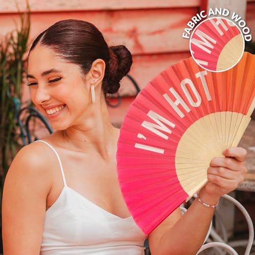 Fisura – Original Gradient Folding Fan with Message “I'm h*t”. Wooden Handheld Fan for Women with Hanger. Accessory for Weddings, Parties, Birthdays, Festivals and Creative Gift Ideas. - color: Hot, Pink Gradient