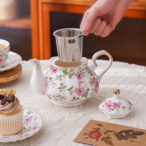 Flowers Ceramic Tea Set，Tea Sets for Adults, with Teapot, Spoons, Cup and Saucer for Tea Party (Pink And Purple Flowers) - color: Pink And Purple Flowers