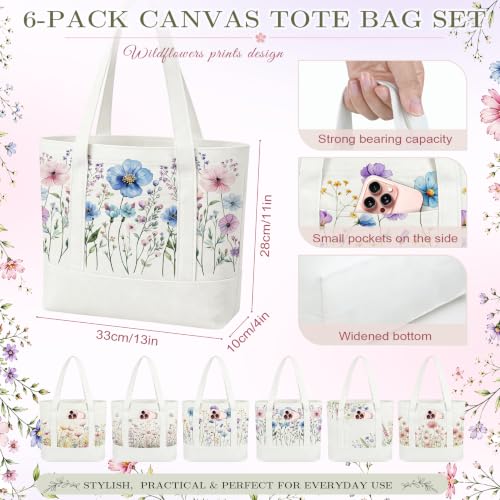 6 Pcs Mini Floral Bow Tote Bags for Women White Canvas Tote Bag Bulk Reusable Coquette Bags for Wedding Party Favor - color: Wildflower