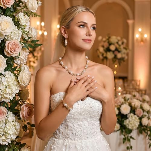 Pearl Bride Wedding Jewelry Set Faux Pearls Crystal Rhinestone Necklace Earrings Bracelet Sets for Women Bridesmaid(3 PCS) - color: Golden-big pearl