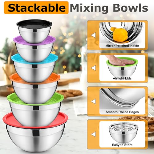 P&P CHEF Mixing Bowls with Lids Set of 6, Nesting Salad Bowl, Multicolor - color: Multicolor