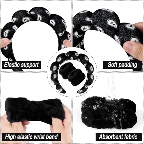 Zkptops Spa Headband for Washing Face Wristband Set Sponge Makeup SkincareVelvet Fabric Bubble Soft Get Ready Hairbands for Women Puffy Headwear Non Slip Thick Thin Hair Accessory (Black Nuts) - color: ZYI Nuts Black
