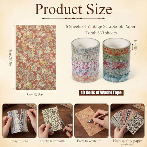 360 Sheets Vintage Junk Journal Paper & 10 Rolls Washi Tape, 5.1 x 3.1 Inch Mini Decorative Scrapbook Paper, Retro DIY Journaling Supplies for Travel Notebook, Aesthetic Ephemera Craft Decor