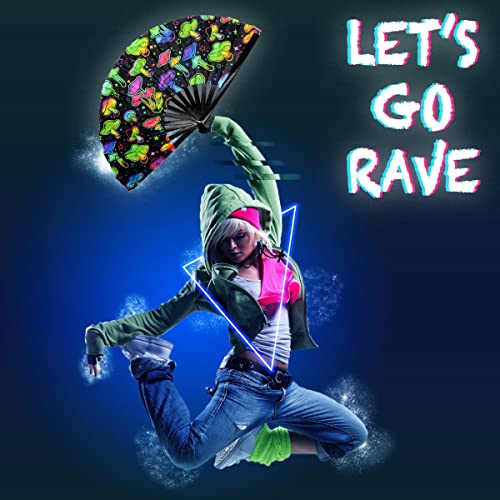 OMyTea Rave Hand Fan Foldable for Women/Men/Drag Queen - Large Clack Festival Folding Hand Fan - for EDM, Music Festival, Event, Party, Dance, Performance (Green Mushroom) - color: Green Mushroom