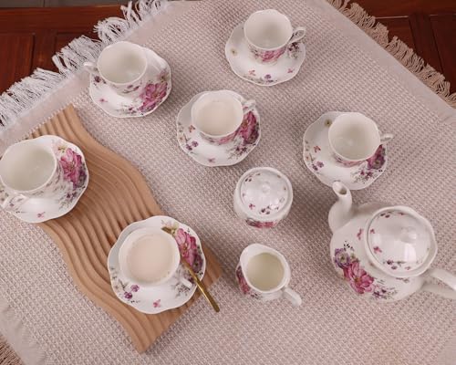 Guangyang 15pcs Porcelain Tea Sets 7 OZ Cups& Saucer Service for 6, with Teapot Sugar Bowl Cream Pitcher for Tea/Coffee
