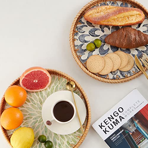 Round Rattan Tray with Mother of Pearl Inlay, Rattan Serving Tray with Wooden Base, Decorative Wicker Basket for Table Decor, Storage and Display of Coffee Bread Food Fruit (Plume) - color: Plume, size: 11.8"