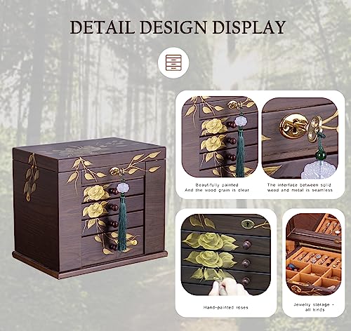 Wooden Jewelry Box for Women, 5-Layer Large Lock with Drawers - color: Brown（L）