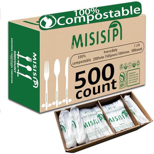 MISISIPI Compostable Forks Spoons Knives Silverware Utensil set Extra Heavyduty Eco-friendly BPI Certified Disposable Plastic free Utensils Cutlery Set Flatware Tableware (Cutlery Set-500) - style: Cutlery Set-500