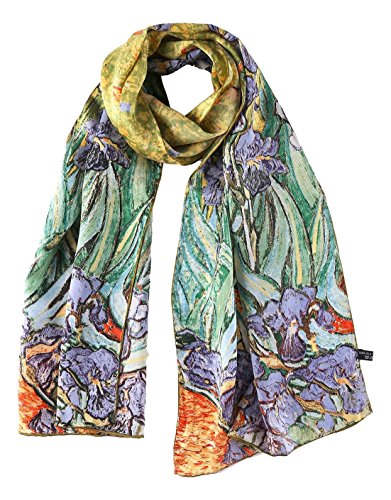JWSilk Long Charmeuse Silk Scarf Classic Art Print - color: Blue Iris