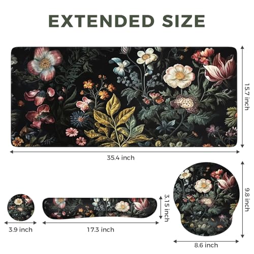 iCasso Desk Cover Mat, 4in1 Floral Large Mouse Pad with Wrist Rest - color: Elegant-Flowers