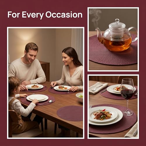 Round Imitation Bamboo PVC Placemats Set of 6,Countertop Protector - color: Burgundy