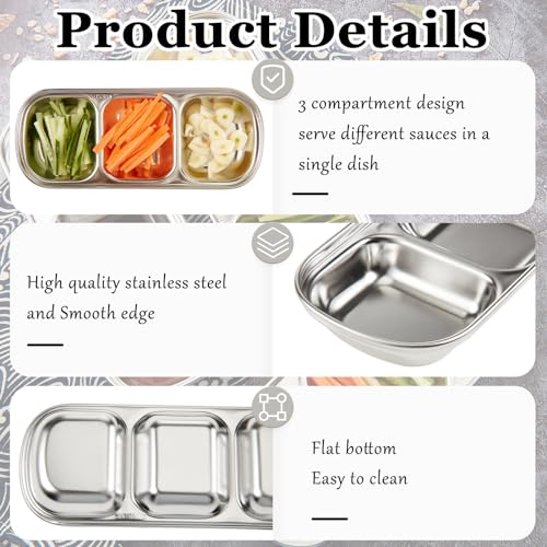 Maxcheck 12 Pcs Soy Sauce Dish Stainless Steel Divided Dip Bowls Korean 3 Compartment Sauce Plate Seasoning Dipping Condiment Tray for BBQ Vinegar Spice Salt Sugar Flavor Home Restaurant (Silver) - color: Silver