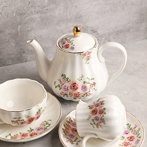 Porcelain Tea Sets British Royal Series, 8 OZ Cups & Saucer Service for 6, with Teapot Sugar Bowl Cream Pitcher Teaspoons and Tea Strainer, Suitable for High Tea, Wedding, Party（Rose Flower） - color: Rose Flower