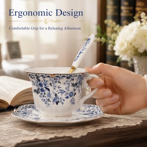 Noviko Blue and White Floral Teacup and Saucer Set with Spoon, 6 oz - color: Blue