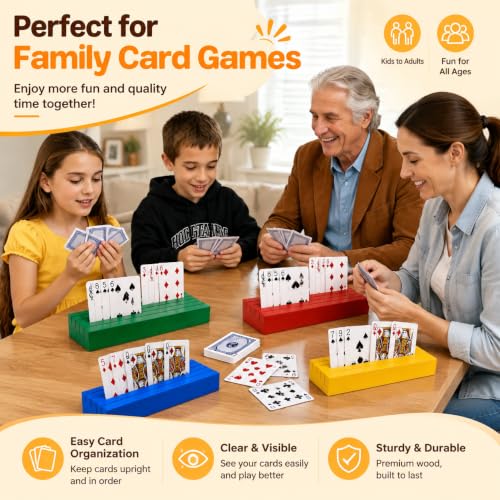 Card Holders for Playing Cards Deck Stand Wood Playing Card Holder for Kids Canasta Holder for Adults Seniors Card Deck Crowns Uno Games Set of 4 Colors - color: Color 4s