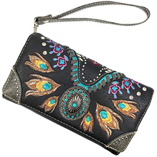 Zelris Turquoise Concho Peacock Feather Women Crossbody Wrist Trifold Wallet - color: Black