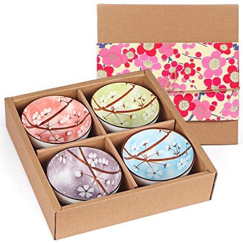 Ceramic Rice Bowls 10 oz, Sakura Bowl Gift Set, Assorted Color Dinnerware Serving Bowls for Rice, Cereal, Noodle, Soup, Desserts, Pack of 4 (Cherry Blossom) - color: Sakura, size: 4 Pack