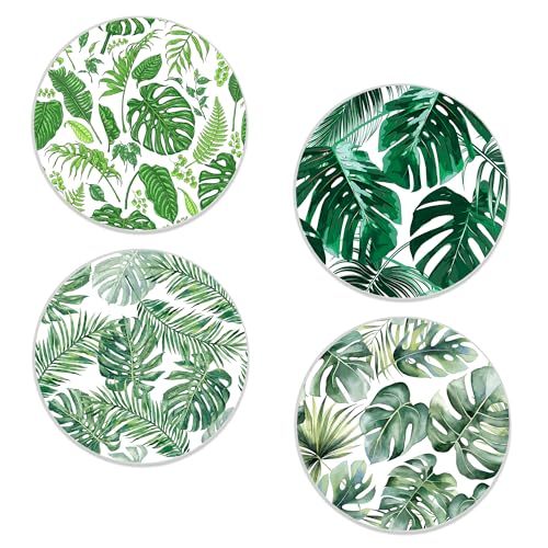 Drinks Coasters Set of 4, Green Palm Leaves Round 4" Cup Coasters, Absorbent Ceramic Stone Coasters with Cork Base, Cute Coasters for Table Home Décor, Ideal Gifts for Women Men - color: Green Palm Leaves