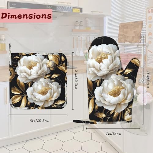 White Flowers Oven Mitts and Pot Holders (4PCS),Glitter Blooming Heat Resistant Non-Slip Silicone Kitchen Gloves for Cooking, Baking, BBQ Waterproof Kitchen Accessories - color: White Flowers Glitter Blooming