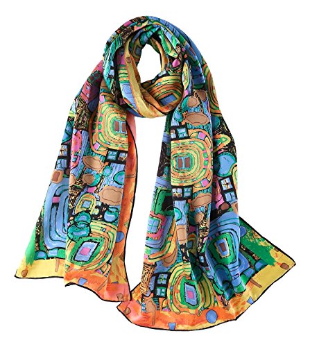 JWSilk Long Charmeuse Silk Scarf Classic Art Print - color: Turquoise