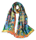 JWSilk Long Charmeuse Silk Scarf Classic Art Print - color: Turquoise