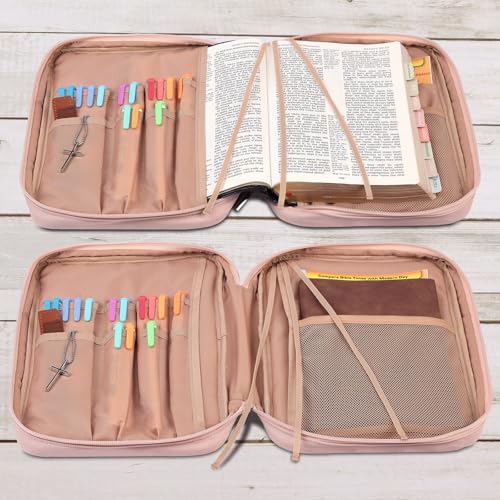 FINDCOZY Bible Cover for Women, Durable Carrying Book Case Church Bag for Biblical Accessories with Handle and Zippered Pocket, for Scriptures, Pink - color: Pink, size: Medium