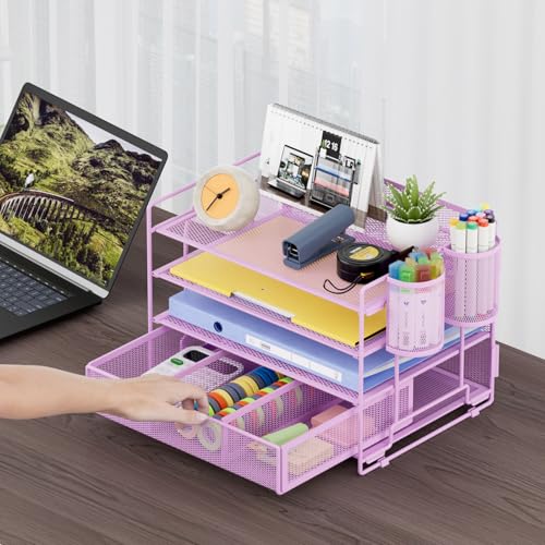 Marbrasse Desk Organizer, 4-Tier Paper File Letter Tray, Purple - color: Purple with Pen Holder