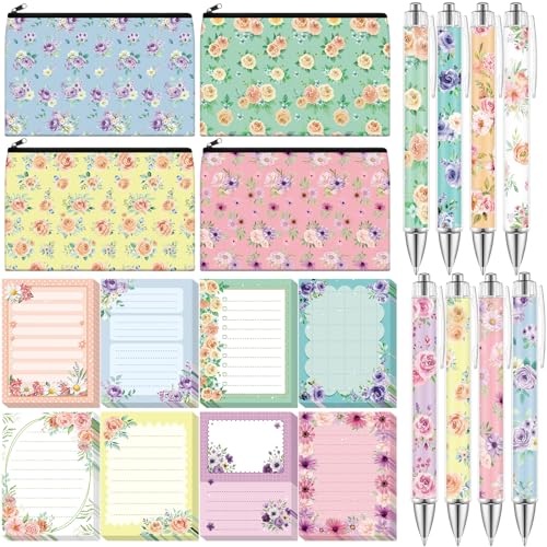Eaasty 20 Pieces Flower Gift for Women Sticky Notes with Floral Pens, Pencil Bags Makeup Bags, 3 x 4 Inches Cute Note Pads, Funny 1.0 mm Ballpoint Pens, Office Supplies for Women - style: Flower