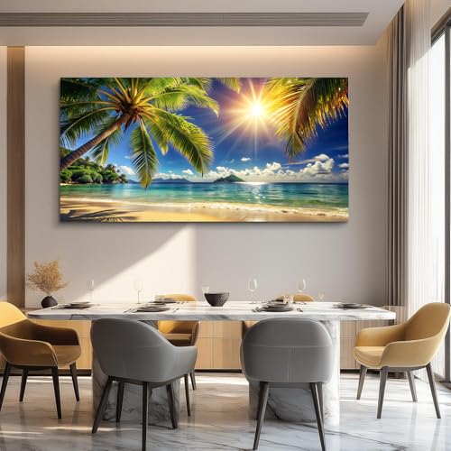 Yxbhhym Large Pictures for Living Room Coastal Painting Tropical Sunrise Bearoom Wall Art Beach Poster Ocean Room Decor Palm Tree Canvas Print Summer Sunlight Artwork Framed Office Decor Home - color: AbePal, size: 60"L x 30"W