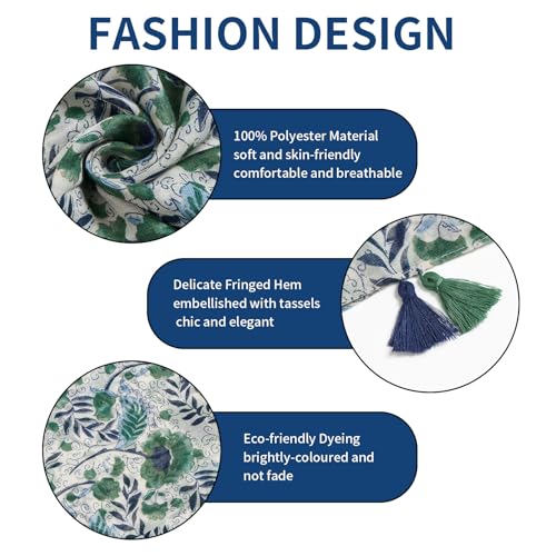 QIUTIMIY Scarf for Women Lightweight Soft Floral Leopard Printed Scarves Fall Winter Fashion Shawl Wrap with Fringe - color: Flower-green Blue