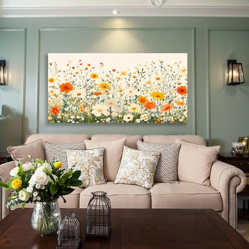 KZKU Floral Wall Art Canvas Print Orange and White Wildflowers Modern Botanical Watercolor style Flower Picture for Bedroom Living Room Artwork Home Wall Decoration 20x40in - color: Orange and white/floral, size: 40"L x 20"W