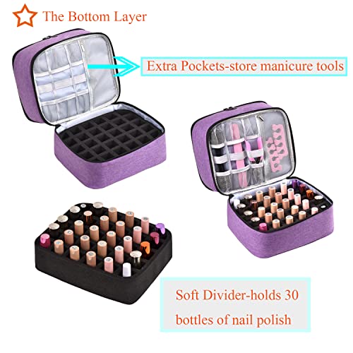 Nail Polish Organizer Holds 30 Bottles (15ml) and 1 Nail Light Nail Polish Carrying Case with Storage Pockets for Manicure Tools Double Layer Nail Storage Travel Bag with Handle (A-Purple) - color: A-Purple