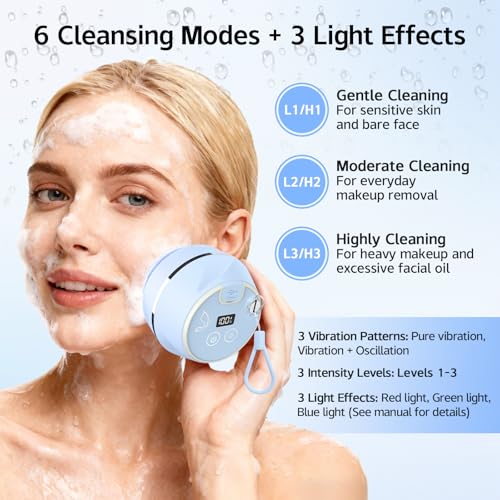 Face Scrubber, Waterproof Silicone Facial Cleansing Brush 6 Modes, 3 Light Effect, Rechargeable Electric Exfoliator Deep-Clean Scrubber for Women and Men - color: Blue