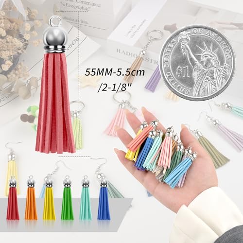 120 Pack Leather Keychain Tassels Charms Silver White Cap Multicolor Tassels for Jewelry Keychain Making Bracelets Craft Supplies (Multicolor, 55mm) - size: 55mm