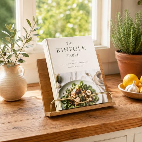 Cookbook Stand Holder for Kitchen Counter Decor - Wooden Recipe Book Holder