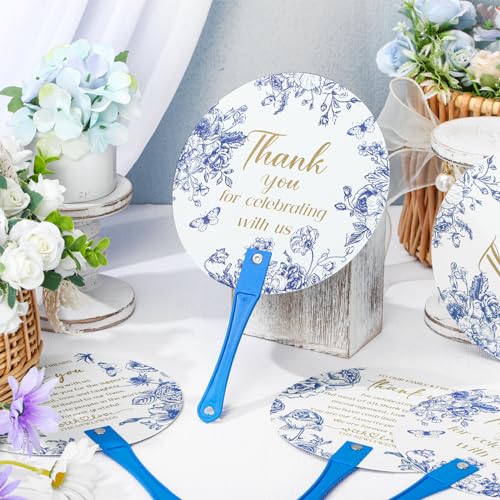 CroBlissful 100 Pcs Wedding Hand Fans for Guest Bulk, Handheld, Blue Flower - style: Blue Flower