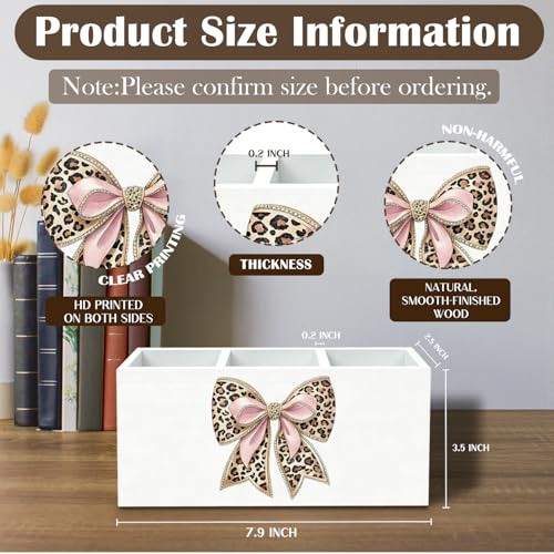 Coquette Pink Leopard Bow Pen Holder for Desk, Preppy Girly Pencil Organizer, Trendy Cheetah Print Bow Wooden Box Sign Desk Decor for Girls Bedroom Dorm Home Office Decoration - color: Leopard Bow