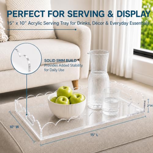 Scalloped Clear Acrylic Serving Tray with Handles, 15 x 10 Inch - size: 15" x 10" x 2"