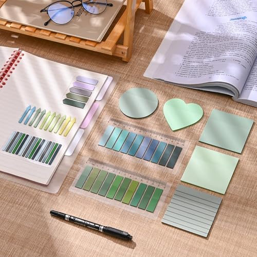 1450 Sheets Transparent Sticky Notes, 3 x 3 inch Aesthetic Clear Lined Sticky Notes with Pen, Gradient Color Waterproof Self-Adhesive Annotation Tabs for Bible Journaling (Green Series) - color: Green Series
